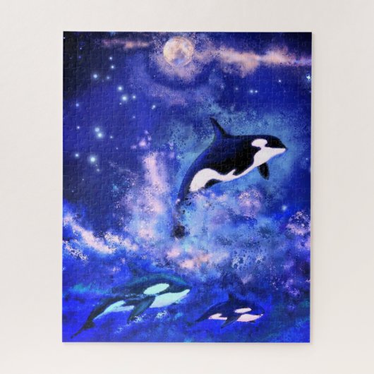 Killer Whales die zwemmen op Full Moon - Schittere Legpuzzel (Verticaal)