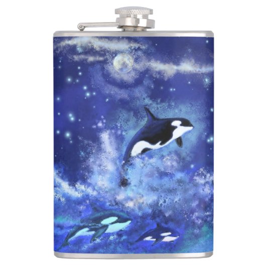 Killer Whales Flask Blue Volle Maan Nacht Heupfles (Voorkant)