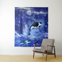Killer Whales on Blue Full Moon Tapestry Painting Wandkleed