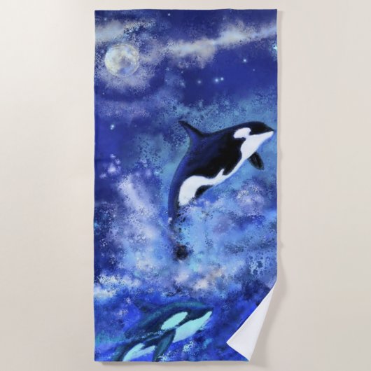 Killer Whales on Full Moon - Art Drawing - Strandlaken (Voorkant)