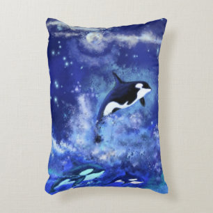 Killer Whales on Full Moon - Kunsttekening - Blauw Accent Kussen