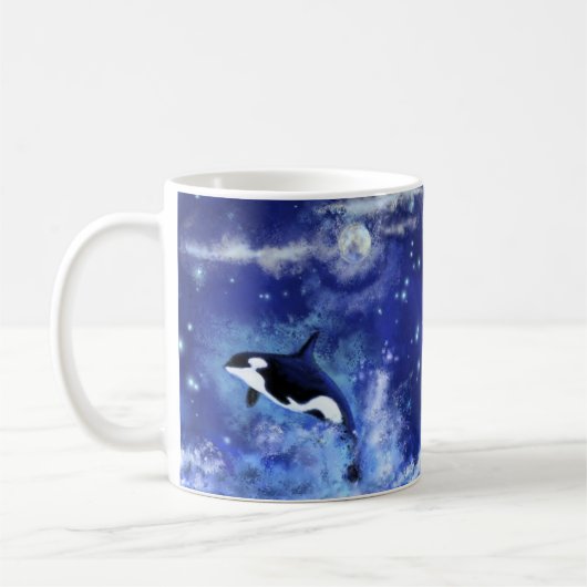 Killer Whales on Full Moon - Kunsttekening - Blauw Koffiemok (Links)