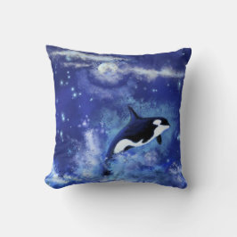 Killer Whales on Full Moon - Kunsttekening - Blauw Kussen