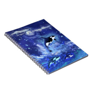 Killer Whales on Full Moon - Kunsttekening - Blauw Notitieboek