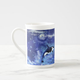 Killer Whales on Full Moon - Kunsttekening - Blauw Porselein Kop
