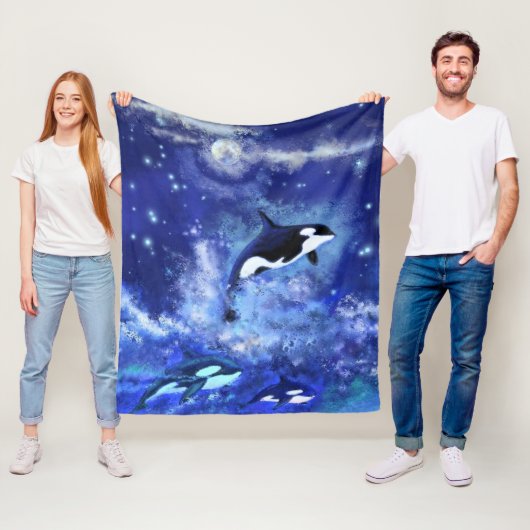 Killer Whales on Full Moon - Kunsttekening Fleece Deken (In situ)