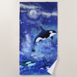 Killer Whales on Full Moon - Kunsttekening Strandlaken