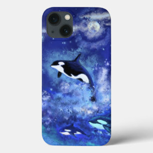Killer Whales on Full Moon Painting Blue Case-Mate iPhone Case