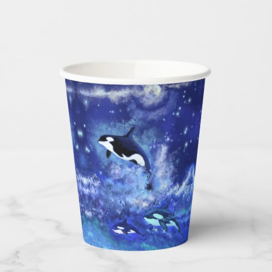 Killer Whales op Full Moon Paper Cups - Schilderen Papieren Bekers (Links)