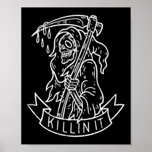 Killin It, Grappig Grim Reaper Verontruste Tattoo  Poster