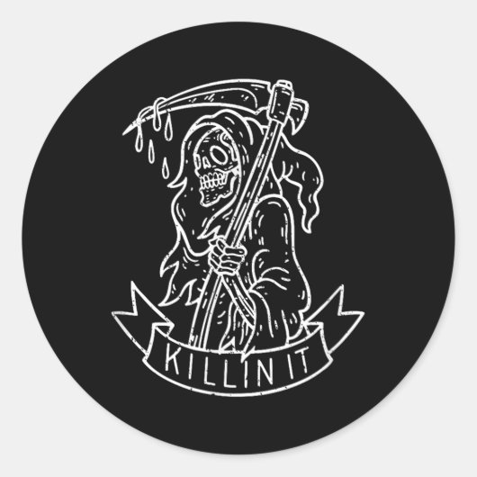 Killin It, Grappig Grim Reaper Verontruste Tattoo  Ronde Sticker (Voorkant)