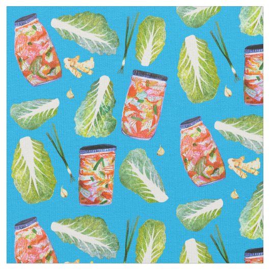 Kimchi Ingredients Waterverf Pattern Blue Stof (Close Up)