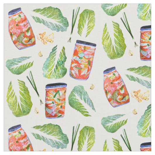Kimchi Ingredients Waterverf Pattern White Stof (Close Up)
