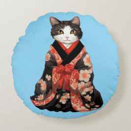 Kimono Cat (BLAUW) Rond Kussen