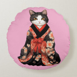 Kimono Cat (ROZE) Rond Kussen