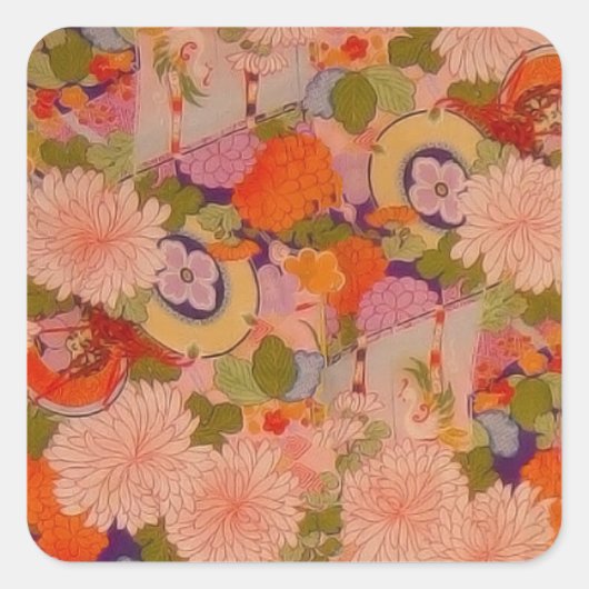 Kimono Flower Pink Floral Pattern Vierkante Sticker (Voorkant)