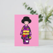 Kimono Girl Paarse Cartoon Briefkaart (Staand voorkant)