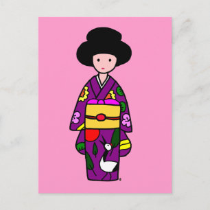 Kimono Girl Paarse Cartoon Briefkaart