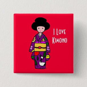 Kimono Girl Paarse Cartoon Vierkante Button 5,1 Cm