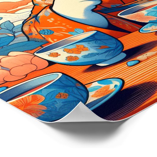 Kimono kat Drink thee Japans Sinaasappel blauw Poster (Hoek)