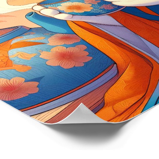 Kimono kat geisha having tea japans Sinaasappel bl Poster (Hoek)