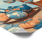 Kimono Kat met thee Japans Sinaasappel blauw Poster (Hoek)