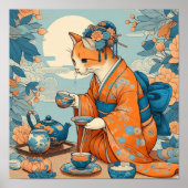 Kimono Kat met thee Japans Sinaasappel blauw Poster (Voorkant)