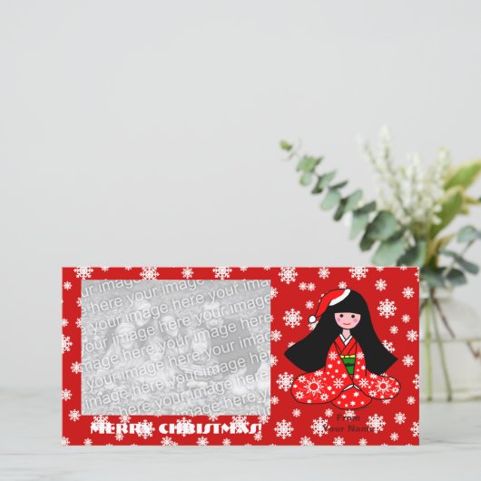 Kimono Meisje Kerst Cartoon Sneeuwvlokken Feestdagenkaart (Staand voorkant)