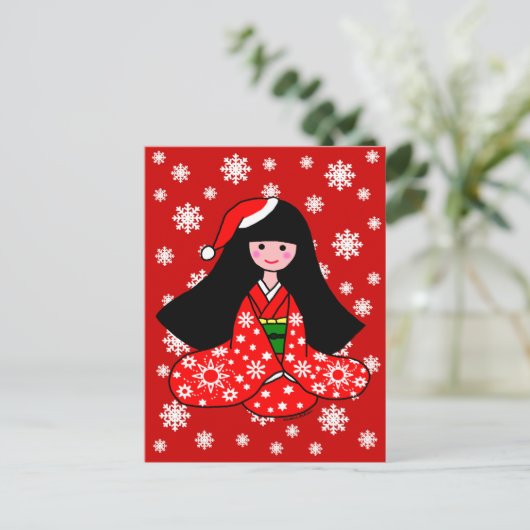 Kimono Meisje Kerstmis Cartoon Illustratie Feestdagenkaart (Staand voorkant)