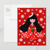 Kimono Meisje Kerstmis Cartoon Illustratie Feestdagenkaart (Voorkant / Achterkant)