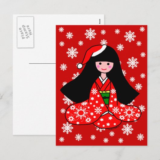 Kimono Meisje Kerstmis Cartoon Illustratie Feestdagenkaart (Voorkant / Achterkant)