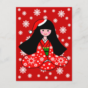 Kimono Meisje Kerstmis Cartoon Illustratie Feestdagenkaart