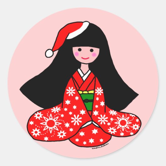 Kimono Meisje Kerstmis Cartoon Illustratie Ronde Sticker (Voorkant)