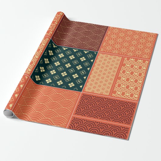 Kimono Mix Patroon Rood Cadeaupapier (Uitgerold)