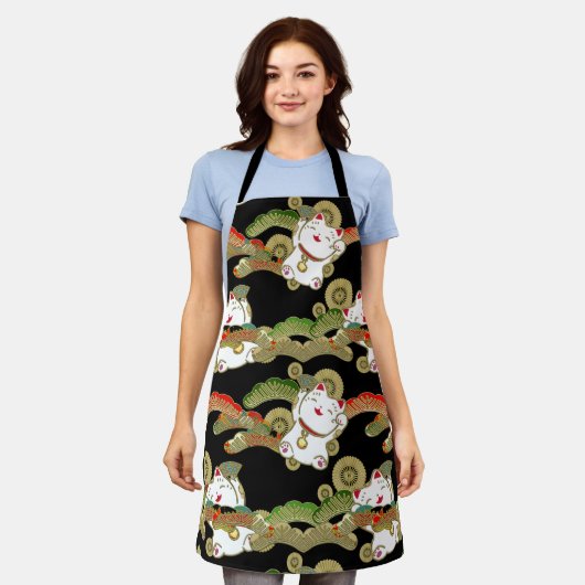 Kimono Pattern maneki nekko Japans print Apron Schort (Gedragen)