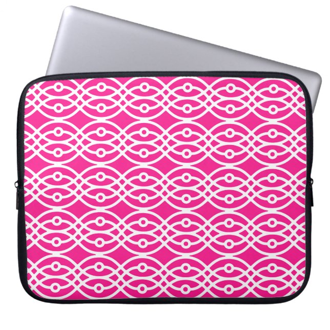 Kimono print, fuchsia roze en wit laptop sleeve (Voorkant)