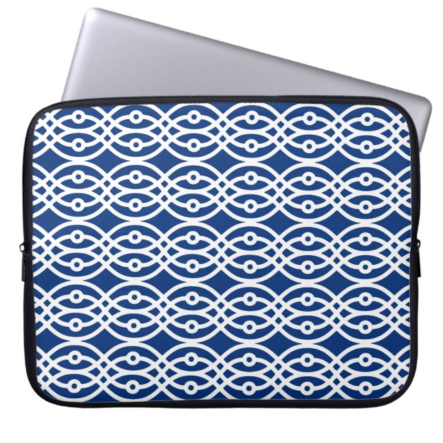 Kimono print, marineblauw en wit laptop sleeve (Voorkant)