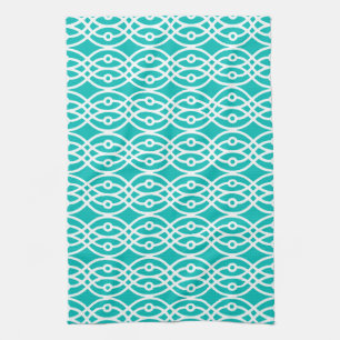 Kimono print, turquoise en wit theedoek