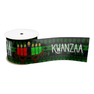 Kinara en groen met zwarte tribale print Kwanzaa Satijnen Lint