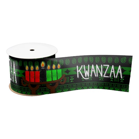 Kinara en groen met zwarte tribale print Kwanzaa Satijnen Lint (Spoel)