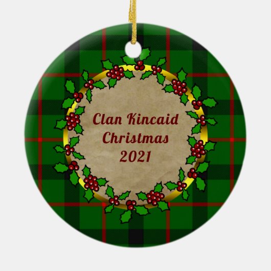 Kincaid Clan Badge & Tartan Gepersonaliseerde Kers Keramisch Ornament (Achterkant)
