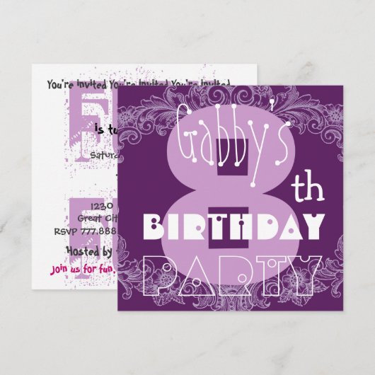 Kind 8e verjaardag Aangepaste naam Modern Paarse r Kaart (Voorkant / Achterkant)