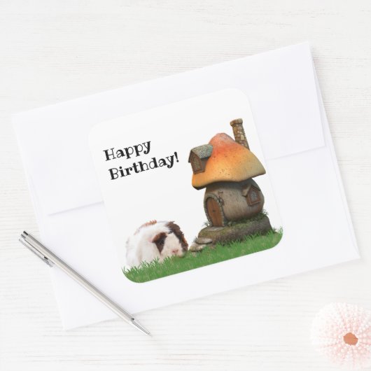 Kind: Birthday Cute Guinee Pig Pushroom House Vierkante Sticker (Envelop)