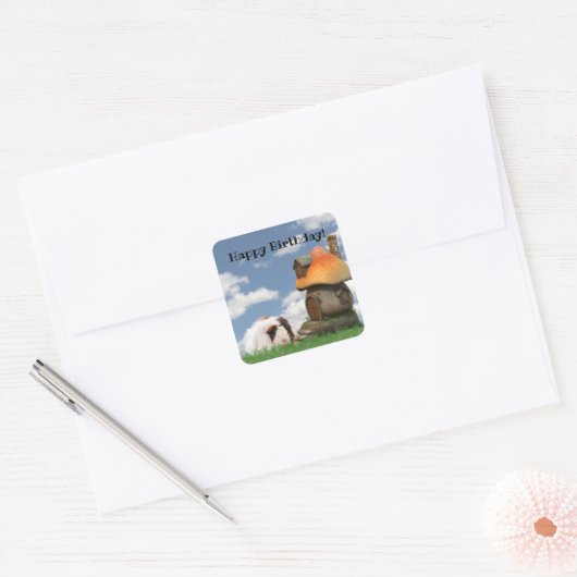 Kind: Birthday Cute Guinee Pig Pushroom House Vierkante Sticker (Envelop)