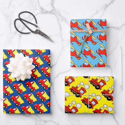 Kind Birthday heli, vrachtwagen en rode choo-trein Inpakpapier Vel (Voorkant)