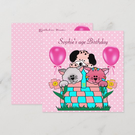 Kind Birthday Party Cats Dogs Balloons Kaart (Voorkant / Achterkant)