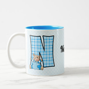 Kind Blauw Beer Monogram Letter N Naam Tweekleurige Koffiemok