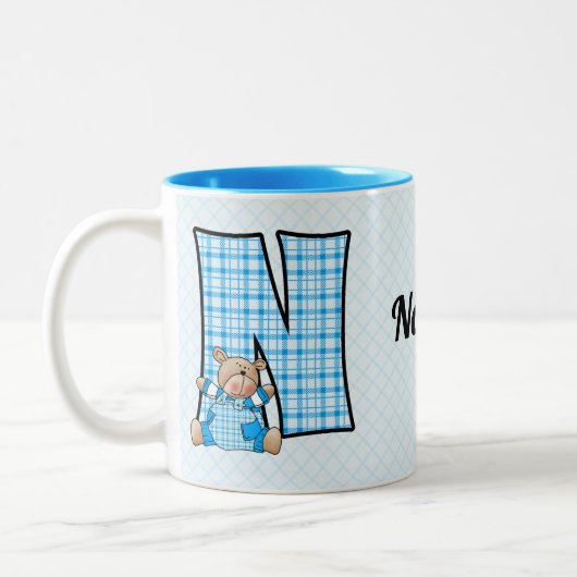 Kind Blauw Beer Monogram Letter N Naam Tweekleurige Koffiemok (Links)