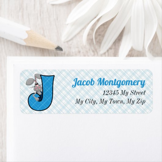 Kind blauw speldenmonogram J Adres Etiket (Insitu)