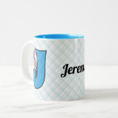 Kind Blue Jackrabbit Monogram Letter J met naam Tweekleurige Koffiemok (Voorkant links)